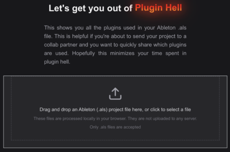 Pluginhell.io drag-and-drop interface for uploading Ableton ALS files to scan for used plugins.